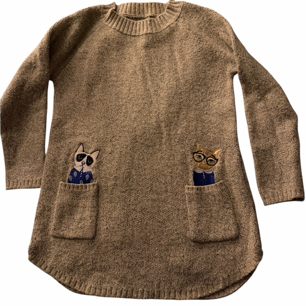 Cheeky Cat Sweater, Long Sleeve Pull-Over Winter Warm Soft Knit Cats in Pockets